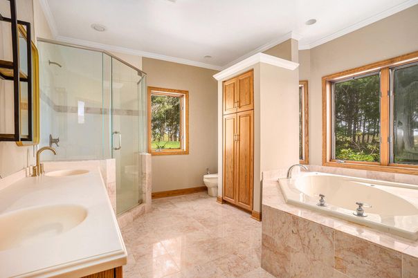 Bathroom, Dual Sink Vanities, Glass Shower, Interior, Recessed Lighting
