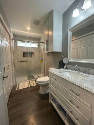 Bathroom, Glass Shower, Interior, Recessed Lighting, Wood Texture Flooring