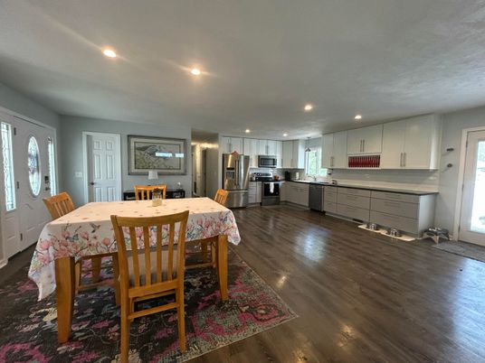 Dining room, Interior, Kitchen, Recessed Lighting, Stainless Steel Appliances, Wood Texture Flooring