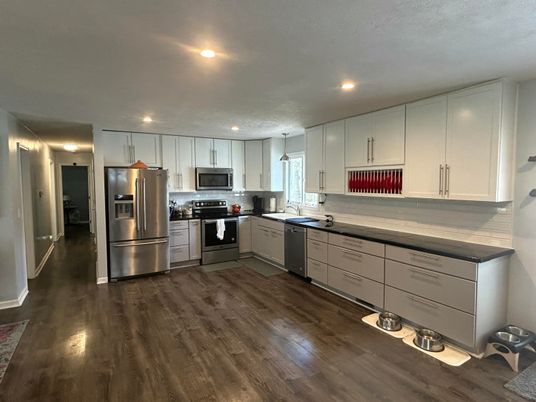 Interior, Kitchen, Recessed Lighting, Stainless Steel Appliances, Wood Texture Flooring
