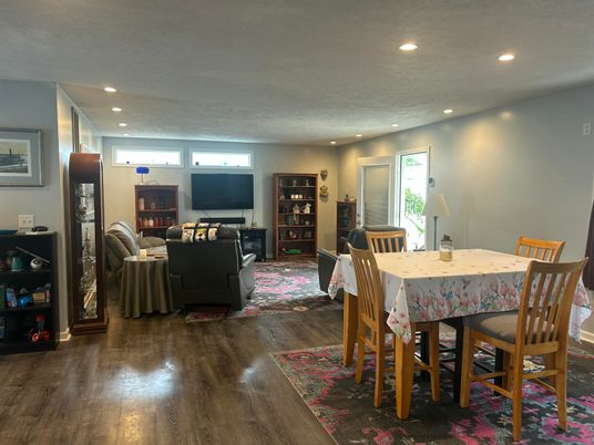 Dining room, Interior, Living room, Recessed Lighting, Wood Texture Flooring