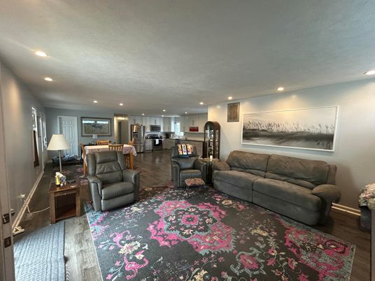 Interior, Kitchen, Living room, Recessed Lighting, Stainless Steel Appliances, Wood Texture Flooring