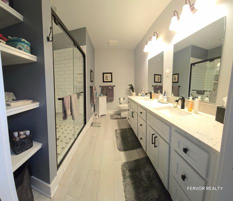 Bathroom, Dual Sink Vanities, Glass Shower, Interior, Wood Texture Flooring