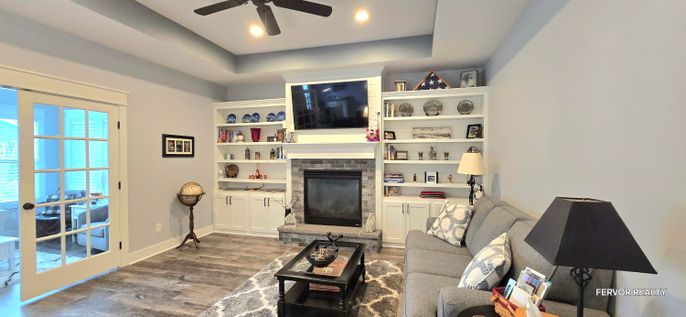 Fireplace, Interior, Living room, Recessed Lighting, Wood Texture Flooring