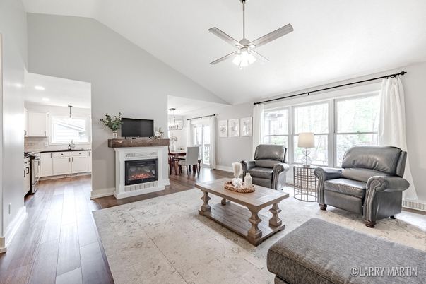 Dining room, Fireplace, Interior, Kitchen, Living room, Recessed Lighting, Wood Texture Flooring