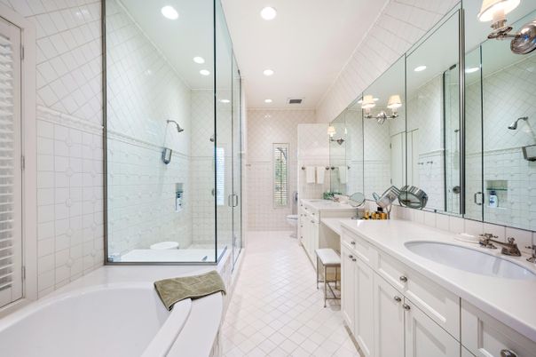 Bathroom, Dual Sink Vanities, Glass Shower, Interior, Recessed Lighting