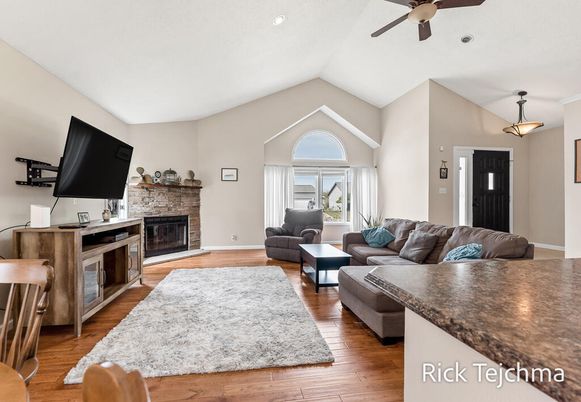Fireplace, Interior, Living room, Recessed Lighting, Wood Texture Flooring