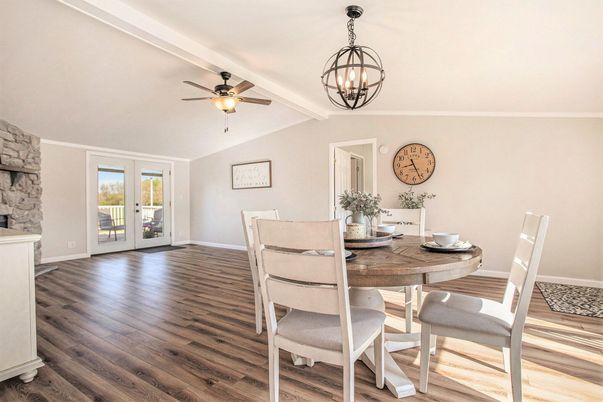 Dining room, Interior, Stone Walls, Wood Texture Flooring