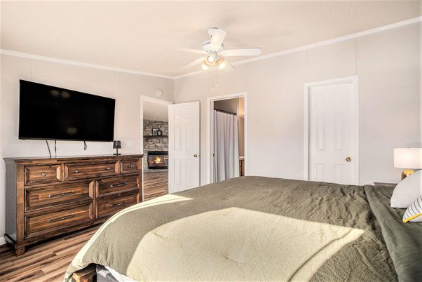 Bedroom, Fireplace, Interior, Wood Texture Flooring