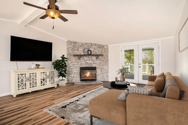 Fireplace, Interior, Living room, Stone Walls, Wood Texture Flooring