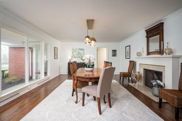 Dining room, Fireplace, Interior, Pendant Lights, Wood Texture Flooring
