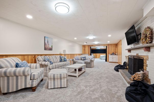 Fireplace, Interior, Living room, Recessed Lighting, Stone Walls