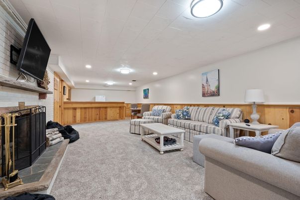 Fireplace, Interior, Living room, Recessed Lighting, Stone Walls