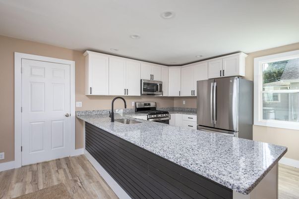 Interior, Kitchen, Recessed Lighting, Stainless Steel Appliances, Wood Texture Flooring
