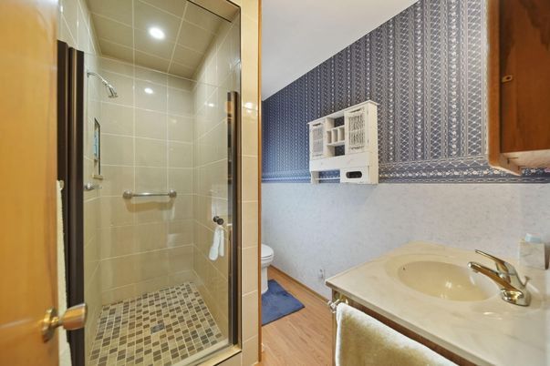 Bathroom, Glass Shower, Interior, Recessed Lighting, Wood Texture Flooring