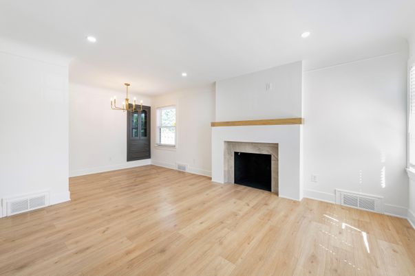 Empty room, Fireplace, Interior, Pendant Lights, Recessed Lighting, Wood Texture Flooring