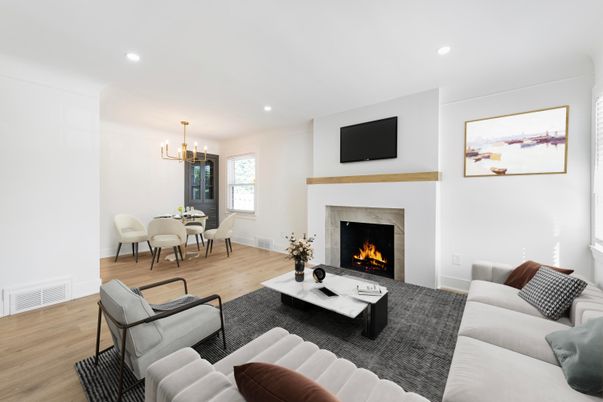 Dining room, Fireplace, Interior, Living room, Pendant Lights, Recessed Lighting, Wood Texture Flooring