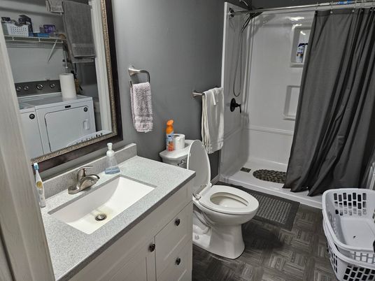 Bathroom, Interior, Washer, Wood Texture Flooring