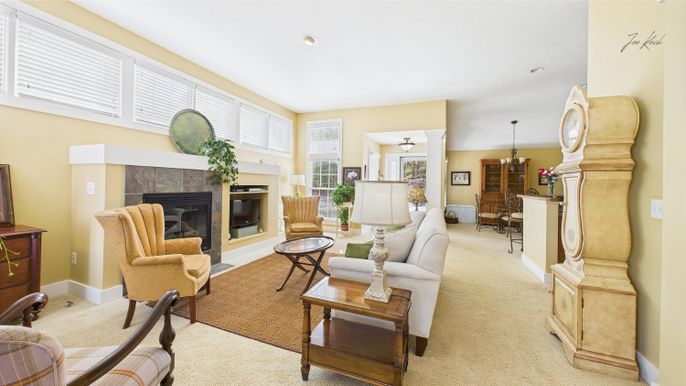 Chandelier, Dining room, Fireplace, Interior, Living room, Recessed Lighting