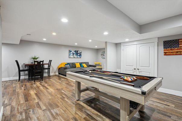 Billiard Table, Dining room, Game Room, Interior, Recessed Lighting, Wood Texture Flooring