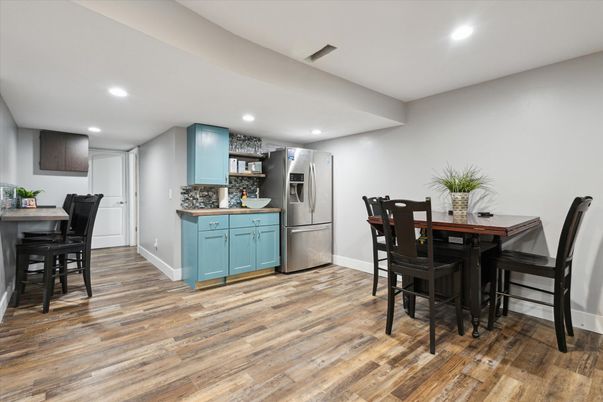 Dining room, Interior, Kitchen, Recessed Lighting, Stainless Steel Appliances, Wood Texture Flooring