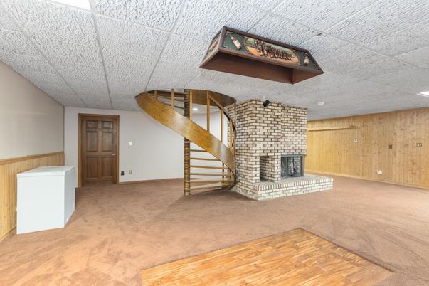 Empty room, Fireplace, Interior, Recessed Lighting, Wood Texture Flooring, Wooden Walls
