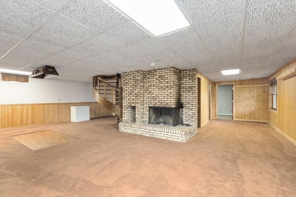 Empty room, Fireplace, Interior, Recessed Lighting, Stone Walls