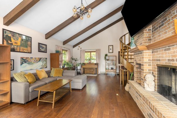 Fireplace, Interior, Living room, Pendant Lights, Stone Walls, Wooden Beams, Wood Texture Flooring