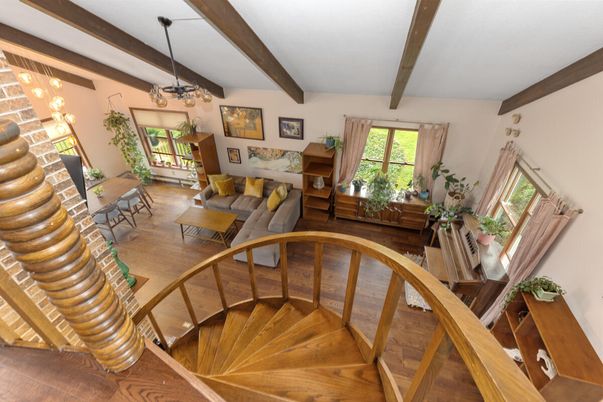 Fireplace, Interior, Living room, Pendant Lights, Wooden Beams, Wood Texture Flooring