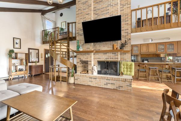 Fireplace, Interior, Kitchen, Stone Walls, Wooden Beams, Wood Texture Flooring