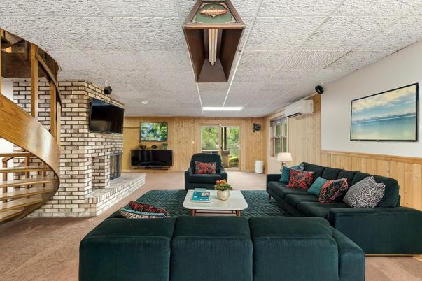 Fireplace, Interior, Living room, Recessed Lighting, Stone Walls, Wooden Walls