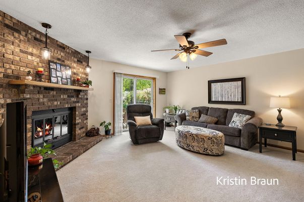 Fireplace, Interior, Living room, Pendant Lights, Stone Walls