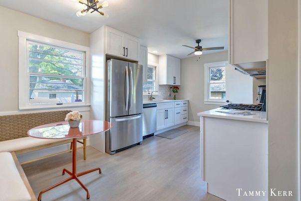 Interior, Kitchen, Recessed Lighting, Stainless Steel Appliances, Wood Texture Flooring