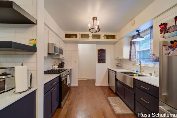 Chandelier, Interior, Kitchen, Stainless Steel Appliances, Wood Texture Flooring