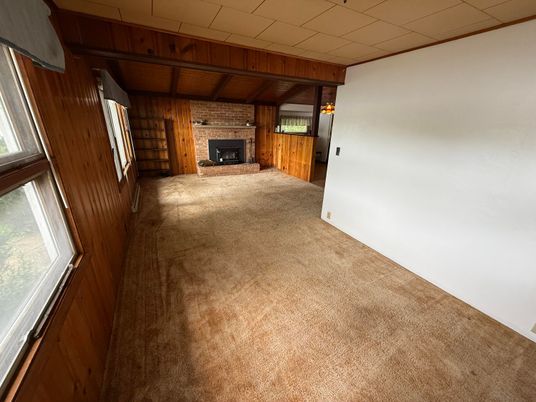Empty room, Fireplace, Interior, Stone Walls, Wooden Beams, Wooden Walls