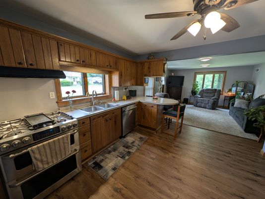 Interior, Kitchen, Living room, Stainless Steel Appliances, Wood Texture Flooring