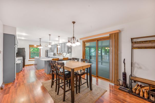 Dining room, Interior, Kitchen, Pendant Lights, Wood Texture Flooring