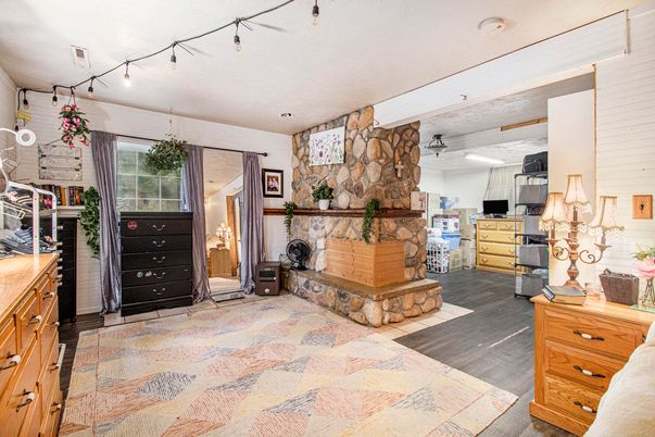 Fireplace, Interior, Recessed Lighting, Stone Walls