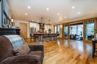 Dining room, Interior, Kitchen, Living room, Pendant Lights, Recessed Lighting, Stainless Steel Appliances, Wood Texture Flooring