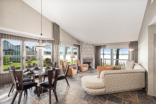 Dining room, Fireplace, Interior, Pendant Lights