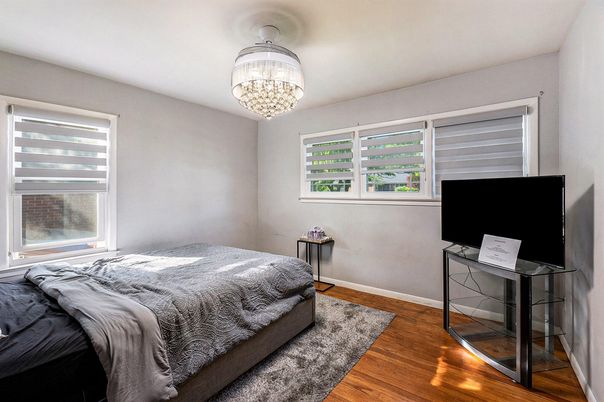Bedroom, Chandelier, Interior, Wood Texture Flooring