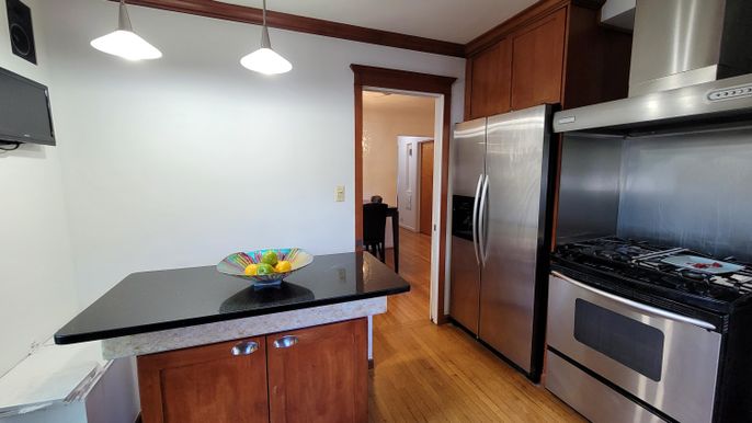 Interior, Kitchen, Pendant Lights, Stainless Steel Appliances, Wood Texture Flooring