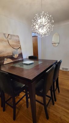 Dining room, Interior, Pendant Lights, Wood Texture Flooring