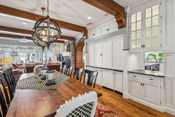 Chandelier, Dining room, Interior, Recessed Lighting, Wooden Beams, Wood Texture Flooring