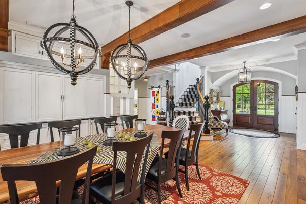 Chandelier, Dining room, Interior, Kitchen, Pendant Lights, Recessed Lighting, Wooden Beams, Wood Texture Flooring