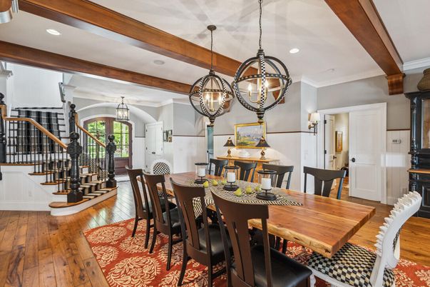 Chandelier, Dining room, Interior, Pendant Lights, Recessed Lighting, Wooden Beams, Wood Texture Flooring