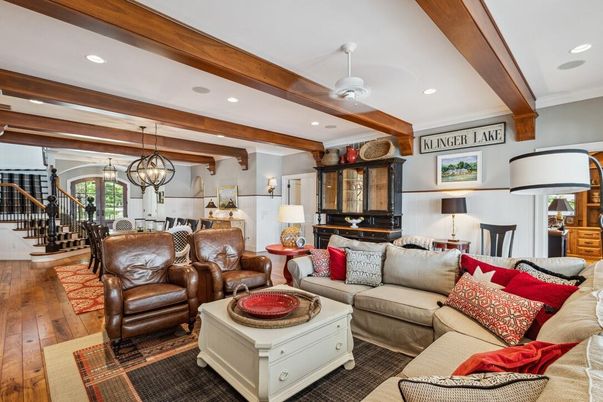 Chandelier, Interior, Living room, Pendant Lights, Recessed Lighting, Wooden Beams, Wood Texture Flooring