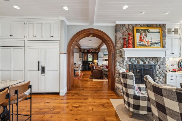 Fireplace, Interior, Recessed Lighting, Stone Walls, Wood Texture Flooring