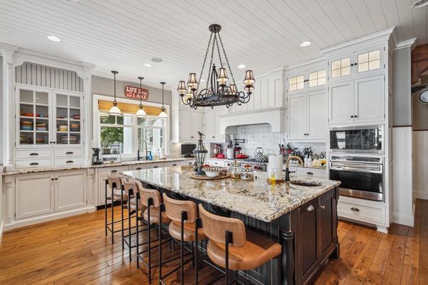 Chandelier, Interior, Kitchen, Pendant Lights, Recessed Lighting, Stainless Steel Appliances, Wood Texture Flooring