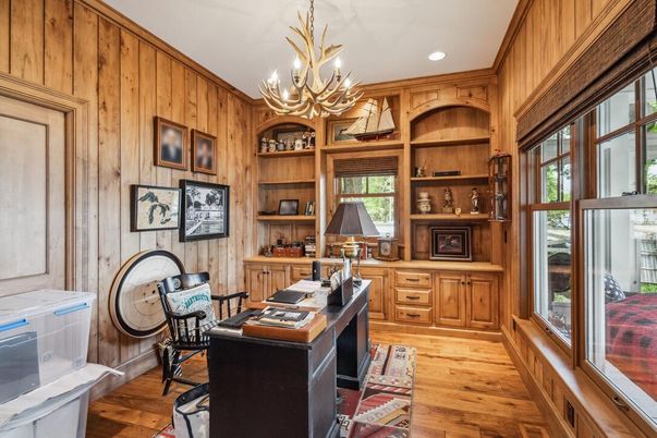 Chandelier, Home Office, Interior, Recessed Lighting, Wood Texture Flooring, Wooden Walls